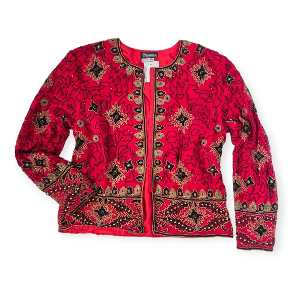 Vintage Monika Silk Beaded Jacket Rare Red M Embroidered Boho Glam Luxe Couture - Picture 5 of 16